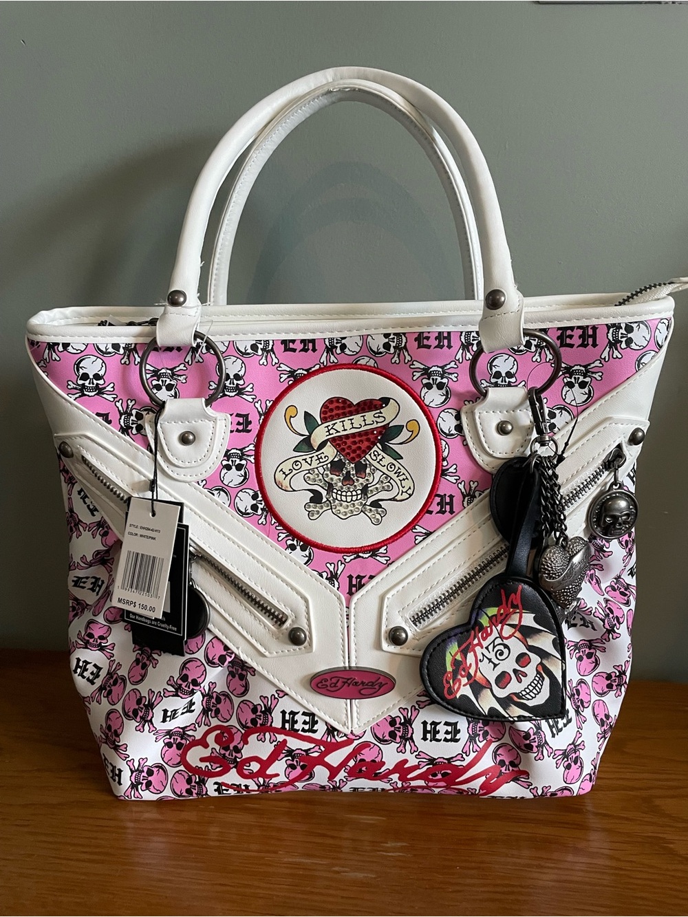 Ed Hardy White and Pink Skull Heart Tote